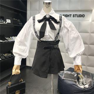 Set: Balloon-sleeve Tie-neck Shirt + Suspender Skirt