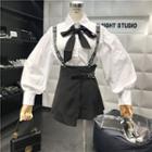 Set: Balloon-sleeve Tie-neck Shirt + Suspender Skirt