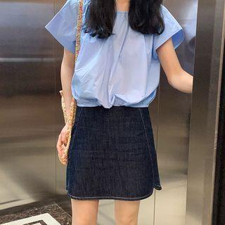 Drawstring-cuff Short-sleeve Blouse