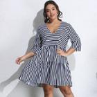 Plus Size 3/4-sleeve Striped Mini A-line Dress
