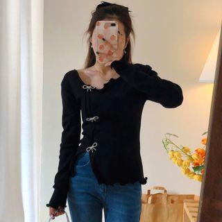 Rhinestone Ribbon Slit Knit Top