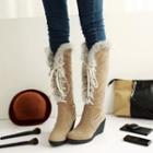 Wedge Heel Furry Lace-up Tall Boots