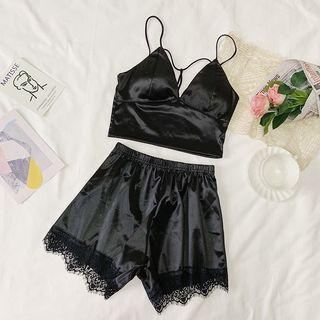 Set: Sleeveless Wet-look Top + Lace-trim Shorts