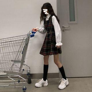Plain Shirt / Plaid Overall Dress / Set