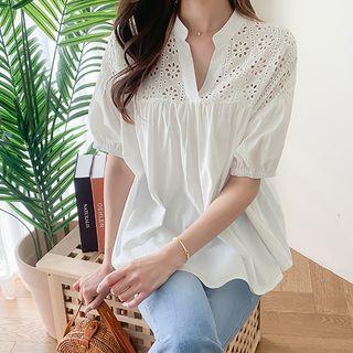 Open-placket Eyelet-lace Yoke Blouse