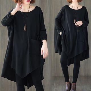Long-sleeve Asymmetric Midi T-shirt Dress Black - One Size