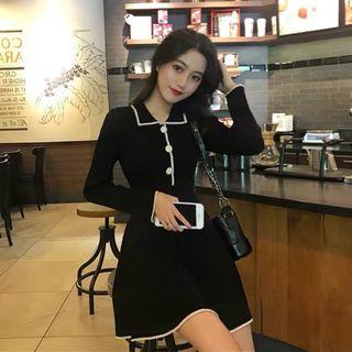 Long-sleeve Contrast-trim Mini A-line Collared Knit Dress