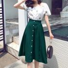 Set: Short-sleeve Embroidered Top + A-line Midi Skirt
