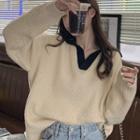 Lapel Long-sleeve Sweater Almond - One Size