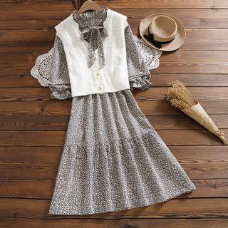 Bow-neck Floral Midi A-line Dress / Button-up Vest / Set