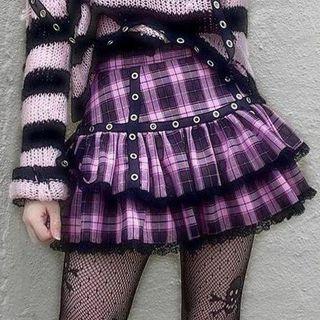 Plaid Lace Trim Mini Tiered Skirt