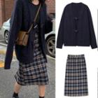 Cable-knit Cardigan / Plaid Straight-fit Skirt / Set