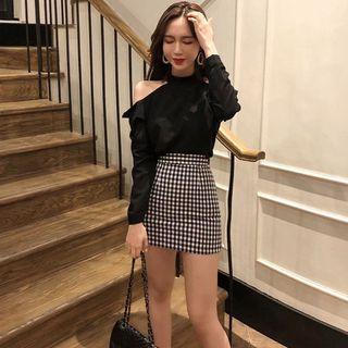 Off-shoulder Long-sleeve Blouse / Plaid Mini Skirt