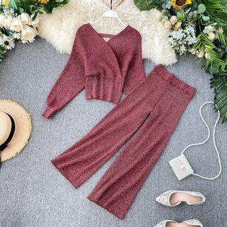 Set: V-neck Sweater + Wide-leg Knit Pants