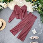 Set: V-neck Sweater + Wide-leg Knit Pants