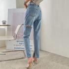 Slit-hem Distressed Straight-leg Jeans