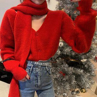 Set: V-neck Cropped Cardigan + Scarf