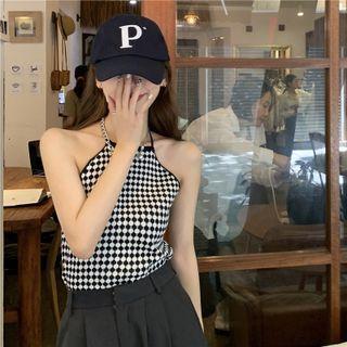 Halter Plaid Knit Camisole Top / Long-sleeve Knit Shawl