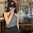 Halter Plaid Knit Camisole Top / Long-sleeve Knit Shawl