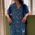 Floral Print Elbow-sleeve Maxi A-line Dress Blue - One Size