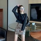 Plain Pullover / Mini Leopard Print Sheath Skirt