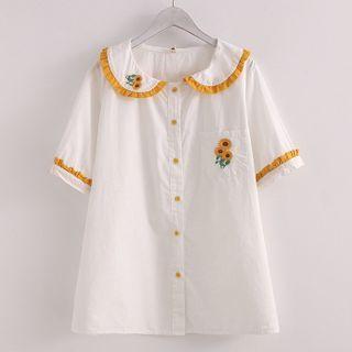 Short-sleeve Floral Embroidered Frill Trim Shirt White - One Size
