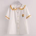 Short-sleeve Floral Embroidered Frill Trim Shirt White - One Size