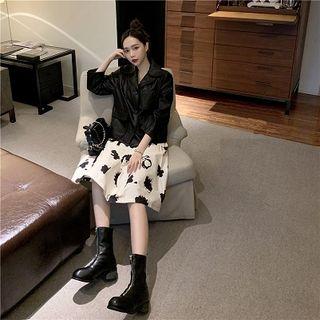 Faux Leather Buttoned Jacket / Printed A-line Skirt