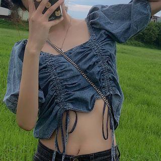 Square Neck Short-sleeve Top Denim Blue - One Size