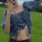 Square Neck Short-sleeve Top Denim Blue - One Size