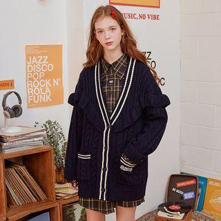 V-neck Frilled-trim Cable-knit Cardigan Navy Blue - One Size