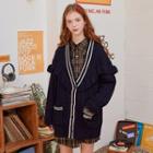V-neck Frilled-trim Cable-knit Cardigan Navy Blue - One Size