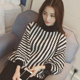 Mock Neck Wavy Patterned Sweater As Shown In Figure - One Size