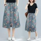 Flower Print Midi A-line Denim Skirt