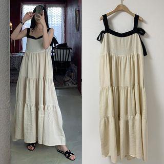 Wide Strap Shirred Midi A-line Dress Almond - One Size