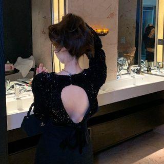 Long-sleeve Open-back Sequined Top Black - One Size