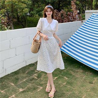 Puff-sleeve Collar Floral Midi A-line Dress White - One Size