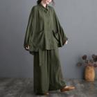 Set : Long-sleeve Loose-fit Chiffon Shirt + Wide-leg Pants Dark Green - One Size