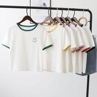 Short-sleeve Contrast Trim Bear Embroidered T-shirt