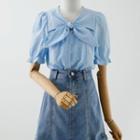 Short-sleeve Bow Accent Blouse / Denim Mini A-line Skirt