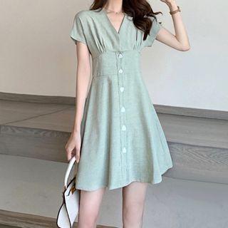 Short-sleeve V-neck Button Mini A-line Dress