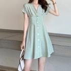 Short-sleeve V-neck Button Mini A-line Dress