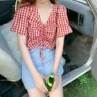 V-neck Elbow-sleeve Plaid Cropped Top