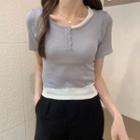 Mock Two Piece Skinny Color Block Knit Short Sleeve Top