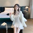 Furry Cardigan / Long-sleeve Mini Lace Dress