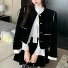 Velvet Single-breasted Jacket / Mini A-line Skirt / Bow-neck Blouse