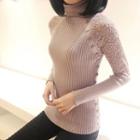 Turtleneck Lace Panel Ribbed Sweater