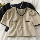 Contrasted Puff-sleeve V-neck Crop Shirt