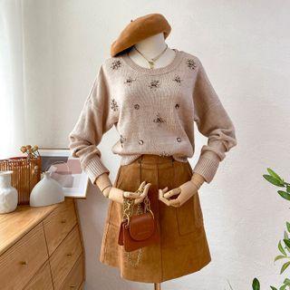 Rhinestone Sweater / Mini A-line Skirt