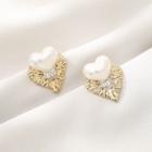 Faux Pearl Alloy Heart Earring 1 Pair - S925 Silver Earrings - Gold - One Size